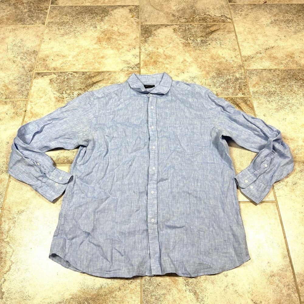 REID & TAYLOR Shirt Mens 44/17.5 Blue 100% Linen Long‎ Sleeve Dad